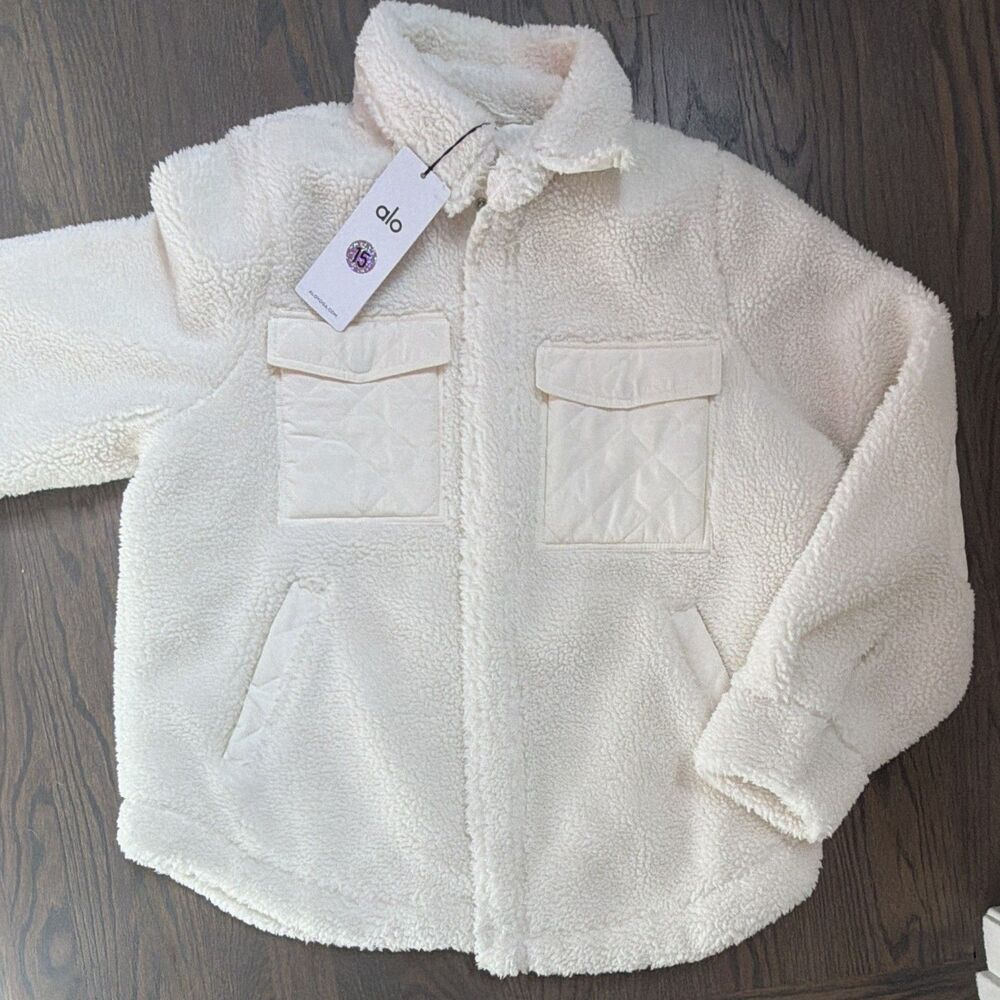 ALO YOGA Oversized Sherpa Trench Jacket Ivory Off White Snap Front Small NWT